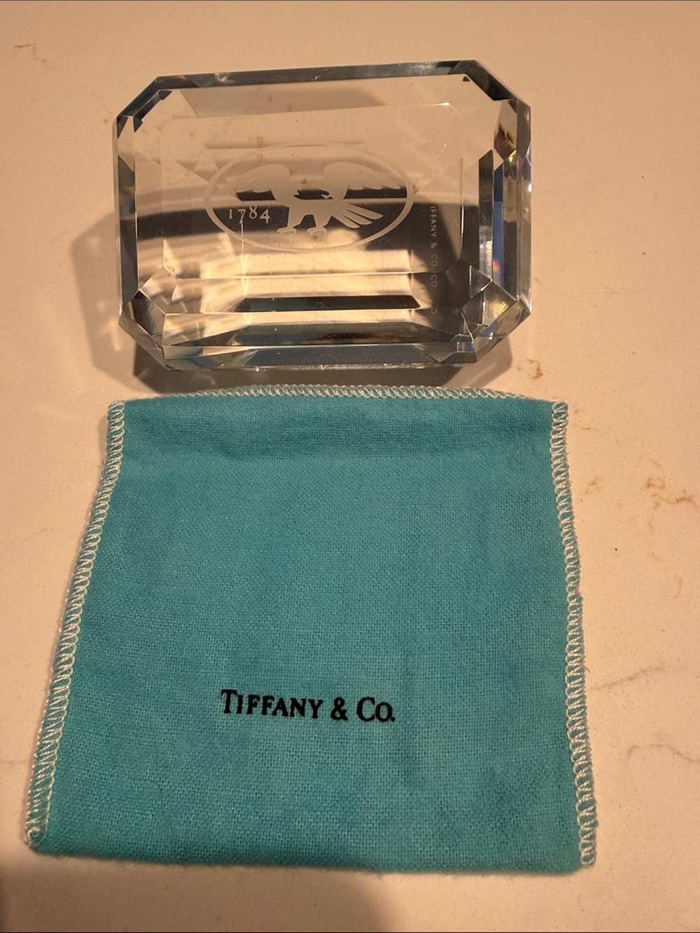 Tiffany & Co. Clear Faceted Crystal Paperweight with Blue Pouch
